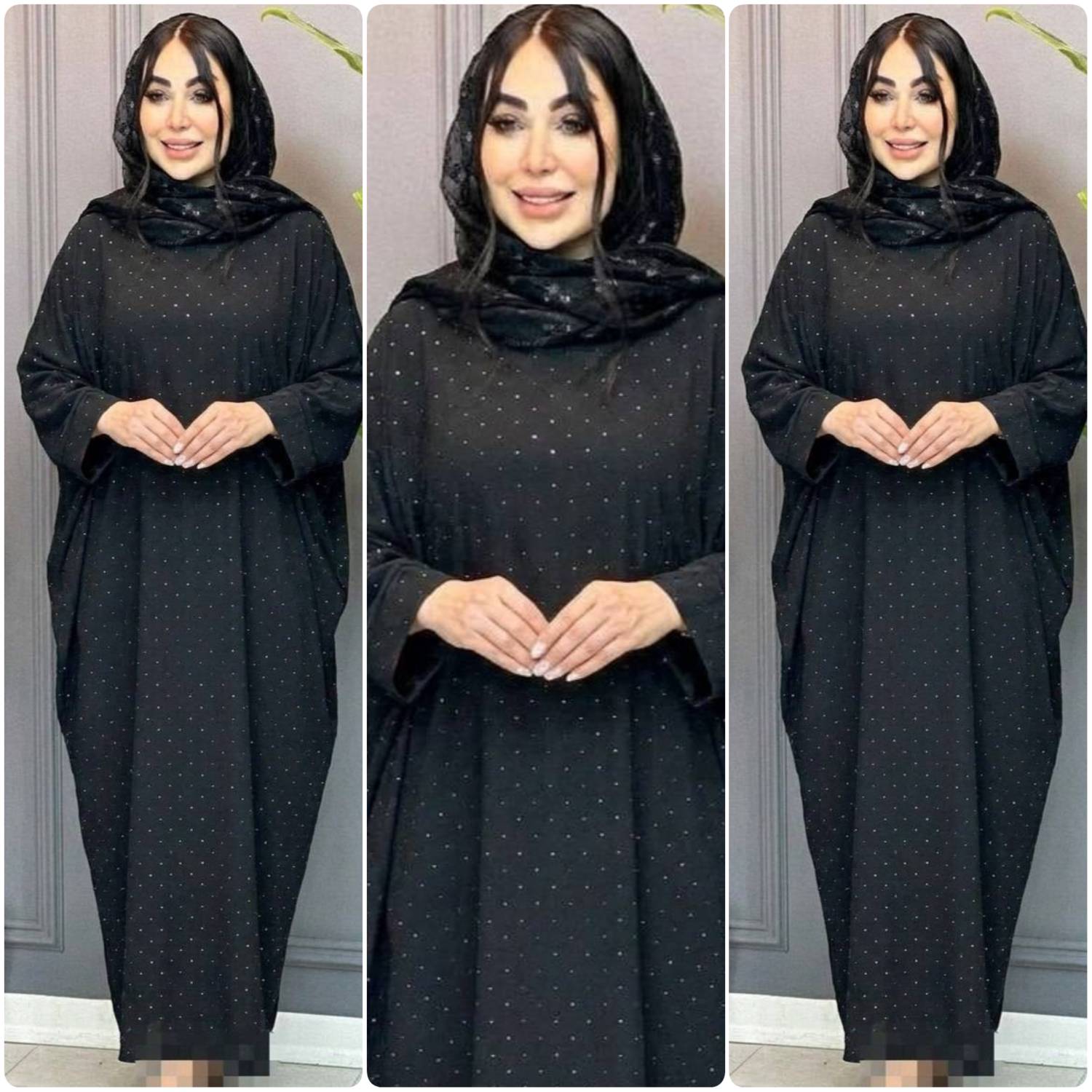 عبایی زنانه نگین کاری شیک و جدید و ترند زنانه عبای محرمی زنانه مشکی شیک و جذاب و جدید بسیار با کیفیت و درجه یک الیزه نگین کاری بدون ریزش سایز ۳۸ تا ۵۲
