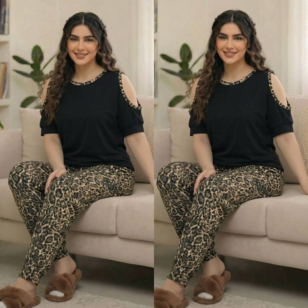 ست تیشرت و شلوار خانگی زنانه مشکی و پلنگی شیک و جدید ویسکوز درجه یک فری سایز از ۳۸ تا ۴۸