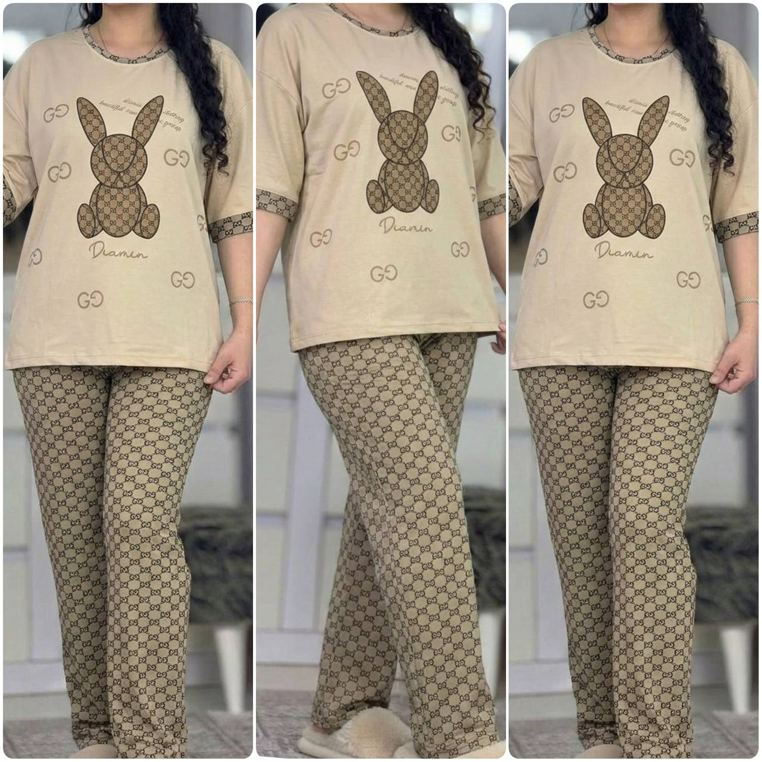 ست تیشرت و شلوار خانگی و باشگاهی زنانه خرگوشی پنبه لاکرا درجه یک