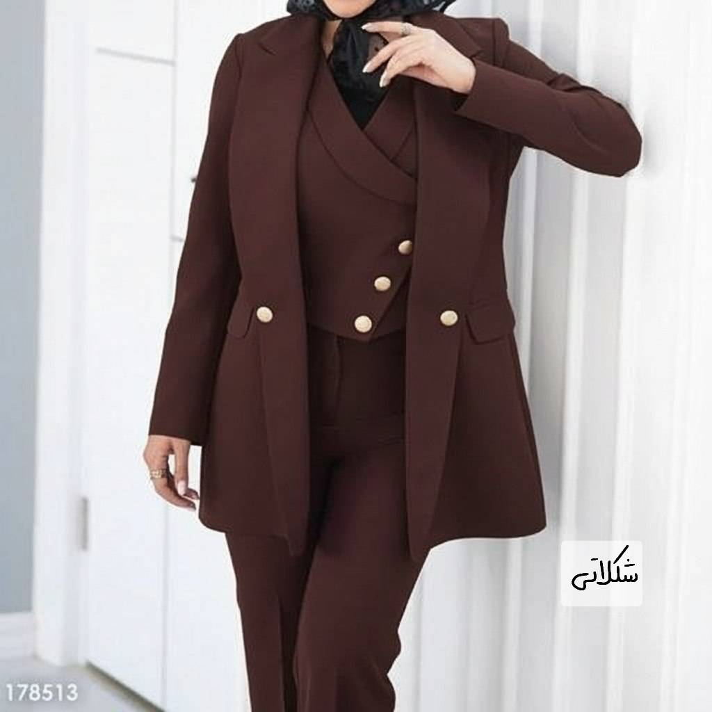 ست سه تیکه کت و شلوار و جلیقه زنانه تندیس ست کت و شلوار و ژیله زنانه مازراتی درجه یک و شیک مجلسی و کارمندی و بیرونی