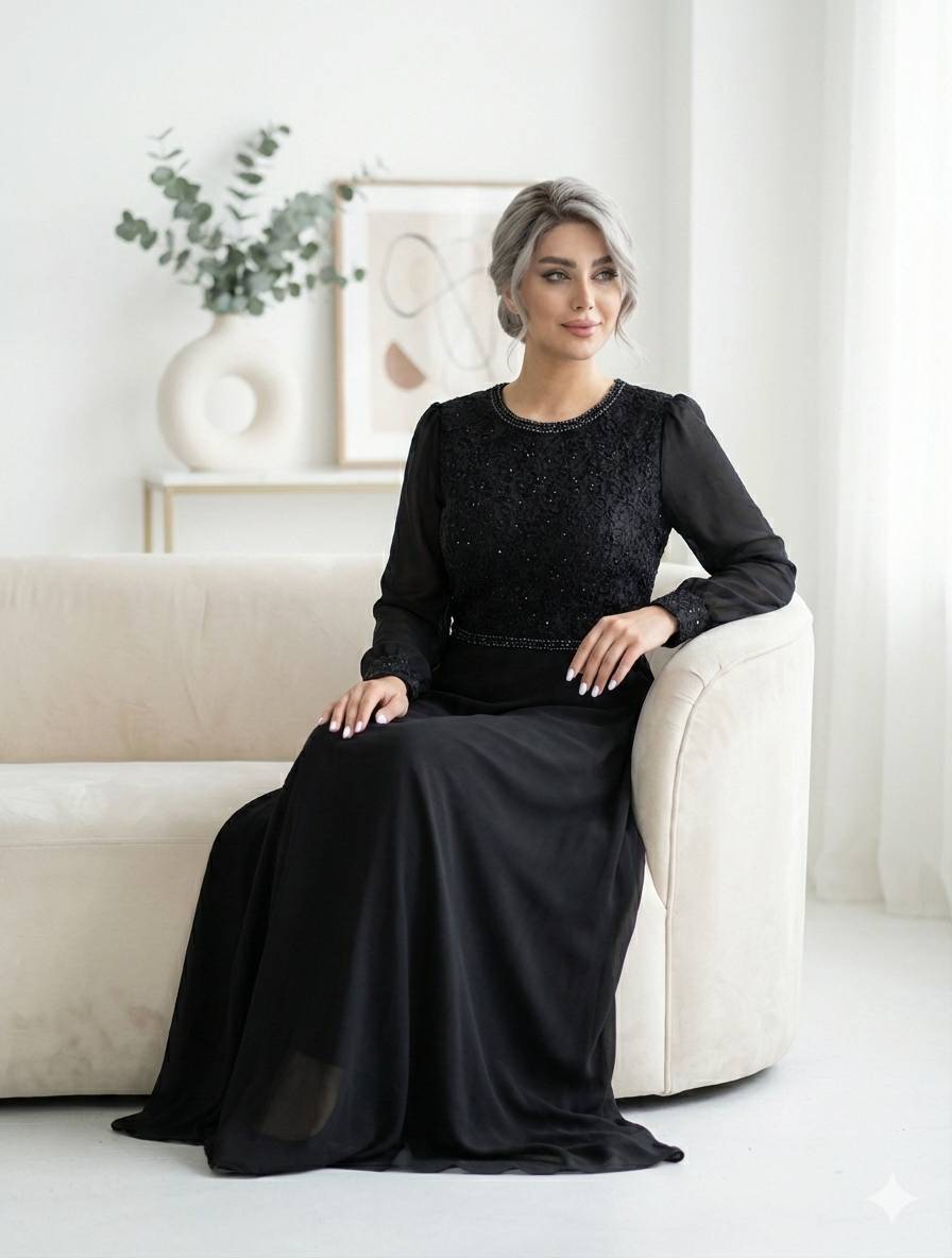 لباس مجلسی زنانه نفس تا سایز بزرگ دانتل مخمل سنگدوزی درجه یک مجلسی پوشیده و حجابدار شیک سایز ۴۲ تا ۵۲