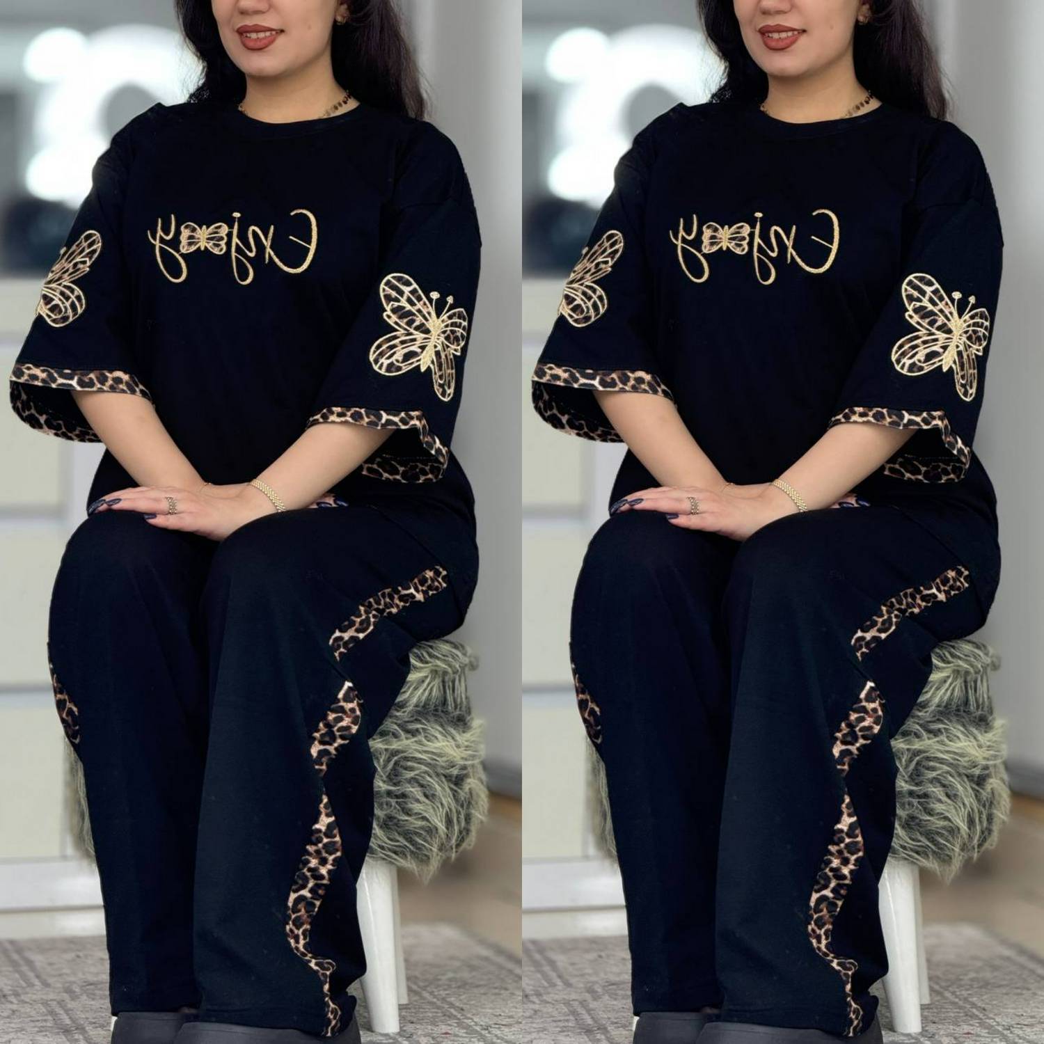 ست تیشرت و شلوار استین پروانه زنانه مشکی پنبه درجه یک واقعی و شیک ، ست تیشرت و شلوار پنبه درجه یک زنانه بدون حساسیت و تعریق سایز ۳۶ تا ۴۶ زنانه