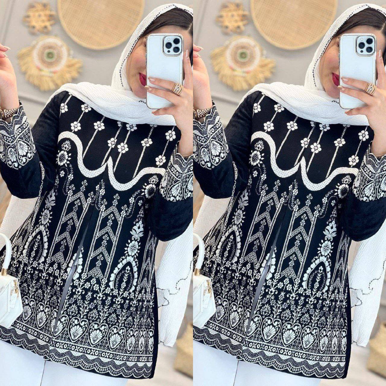 کت تک زنانه نوردخت پرشین و سوزن دوزی فری سایز از ۳۶ تا ۴۶ زمینه مشکی و سوزندوزی و طرح سفید