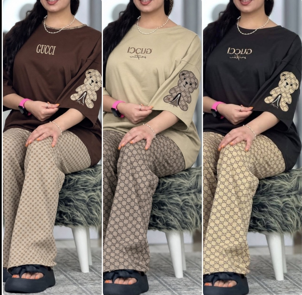 ست تیشرت و شلوار زنانه لویی LOEE آستین خرسی پنبه گلکسی با کیفیت و درجه یک ، ست تیشرت و شلوار زنانه بیرونی و خانگی فری سایز از ۳۸ تا ۴۶