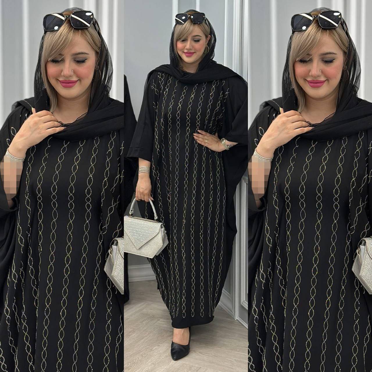 عبا سپینود ، عبا زنانه مشکی با نگین حرارتی بدون ریزش الیزه سایز ۳۸ تا ۴۸