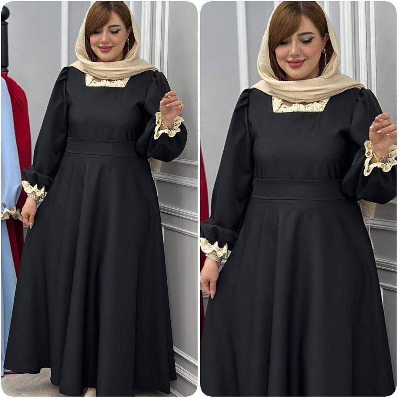 لباس ساحلی زنانه و عبا محرمی زنانه یقه گیپور ،پیراهن زنانه محرمی  بسیار شیک و جذاب رنگ مشکی فری سایز از ۳۸ تا۴۶
