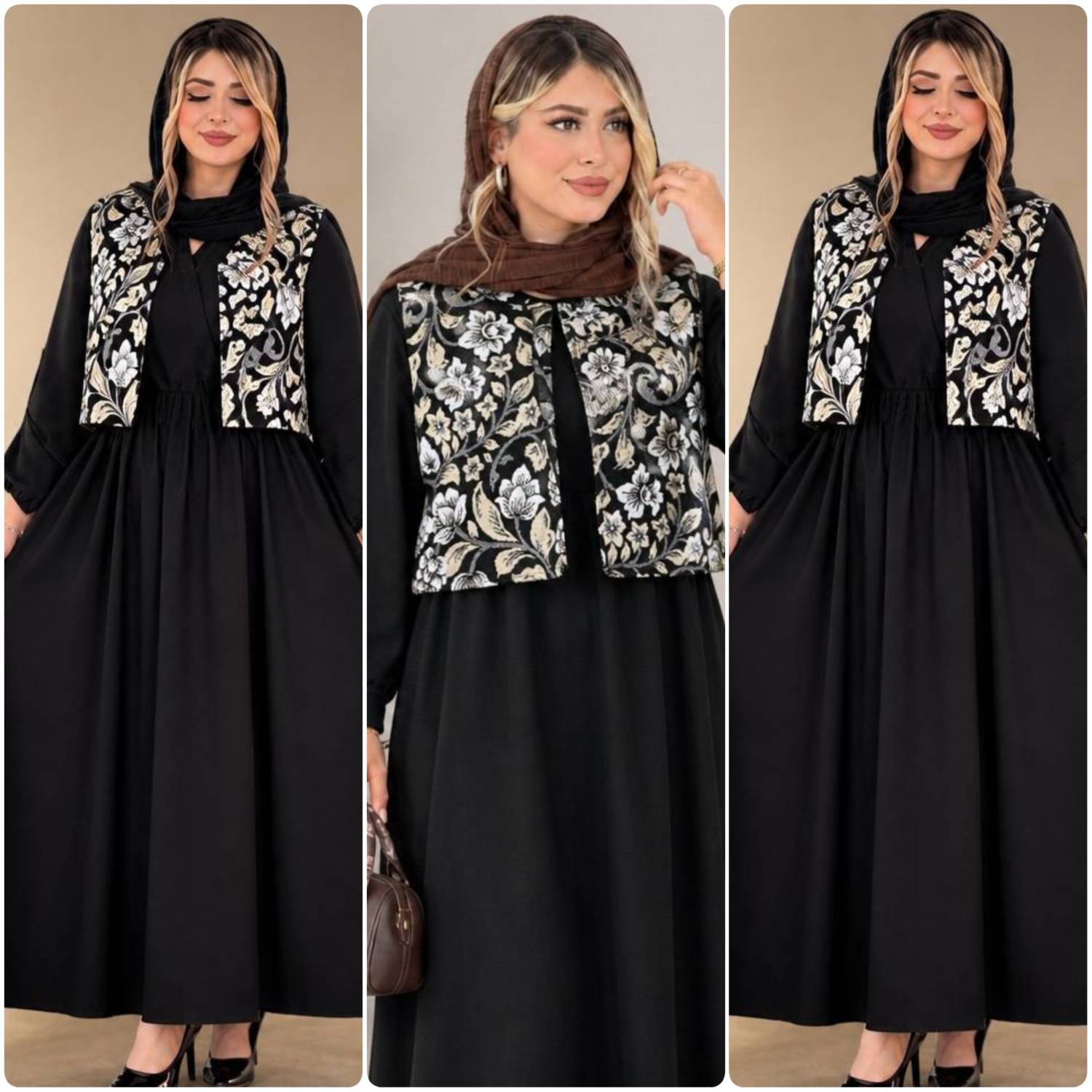ست سه تیکه جلیقه و سارافون و کمربند زنانه مشکی محرمی نیوشا ، ست پیراهن و جلیقه سوزندوزی زنانه محرمی مشکی جدید و جذاب با استین کشی سلیز ۳۸ تا ۴۶
