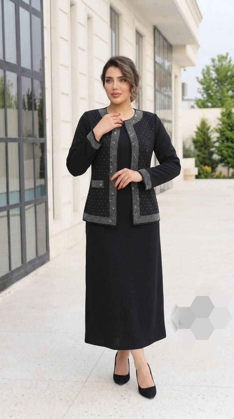 لباس مجلسی سایز بزرگ زنانه کت و سارافون نیلا با نگین های وارداتی شیک و بدون ریزش بسیار شیک و جذاب درجه یک ، کت و سارافون نگینی مجلسی زنانه درجه یک مناسب مهمانی و عروسی سایز بزرگ از سایز ۴۴ تا ۵۸