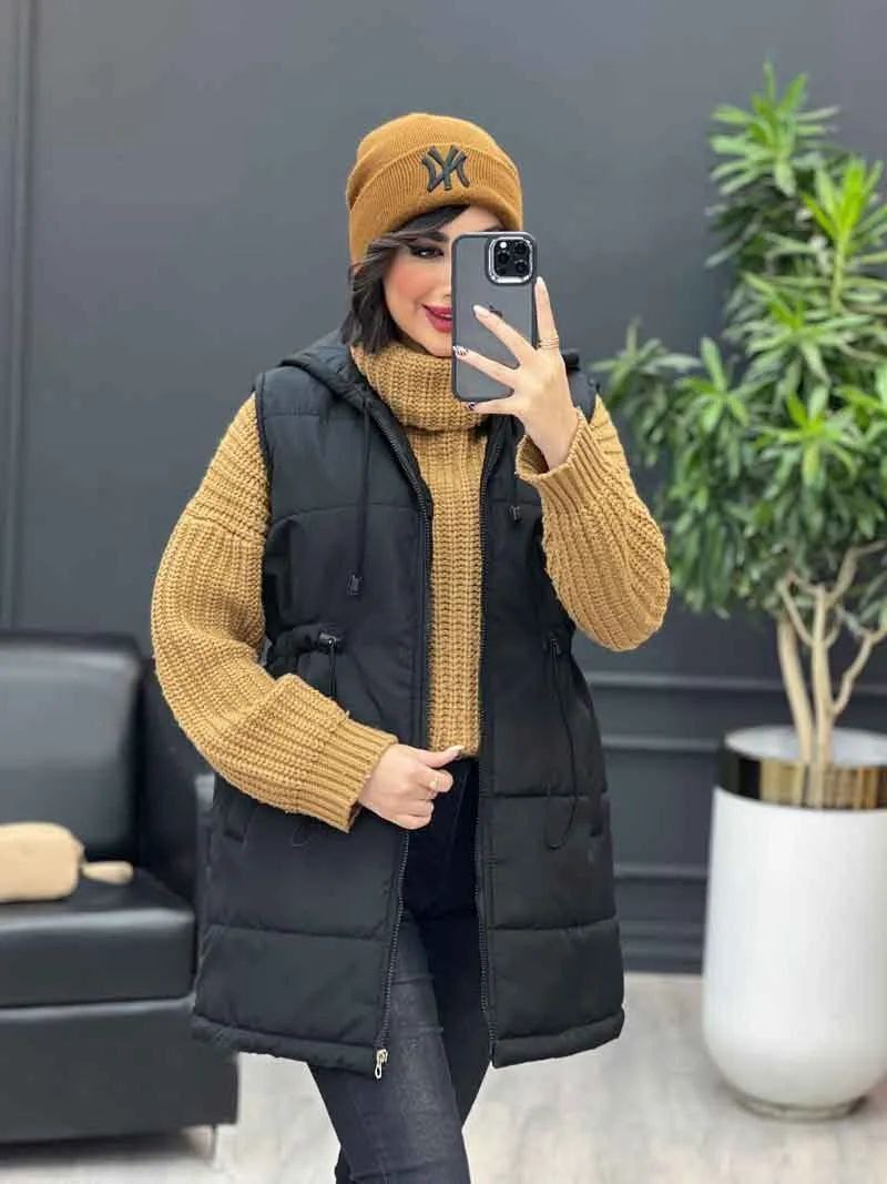 پافر زنانه کمرگت پاپیا میکرو کجراه گرم و درجه یک رنگ پشم شیشه مشکی و جیب دار فری سایز از ۳۸ تا ۴۶