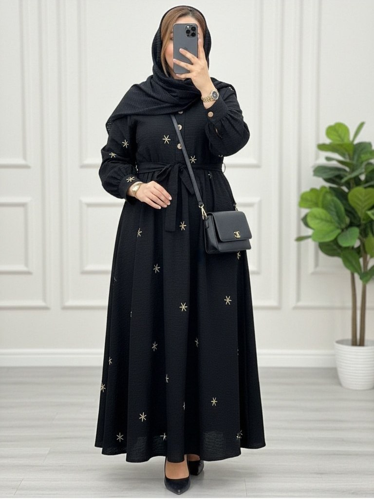 پیراهن ساحلی زنانه جدید و جذاب با طرح ستاره مشکی شانتون فری سایز از ۳۶ تا ۴۸ خنک و دارای بند تنظیم سایز و کمربند ، پیراهن بلند محرمی ساحلی زنانه کاملیا
