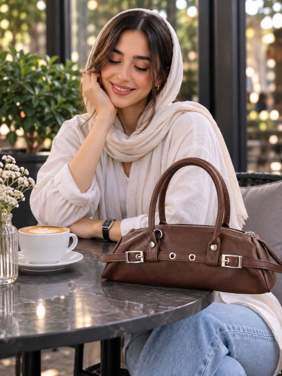 کیف زنانه فانتزی و جذاب یاسمن مهمانی و بیرونی چرم مصنوعی درجه یک رنگ سورمه ای و مشکی و موکا سایز ۱۲ * ۲۵ سانت