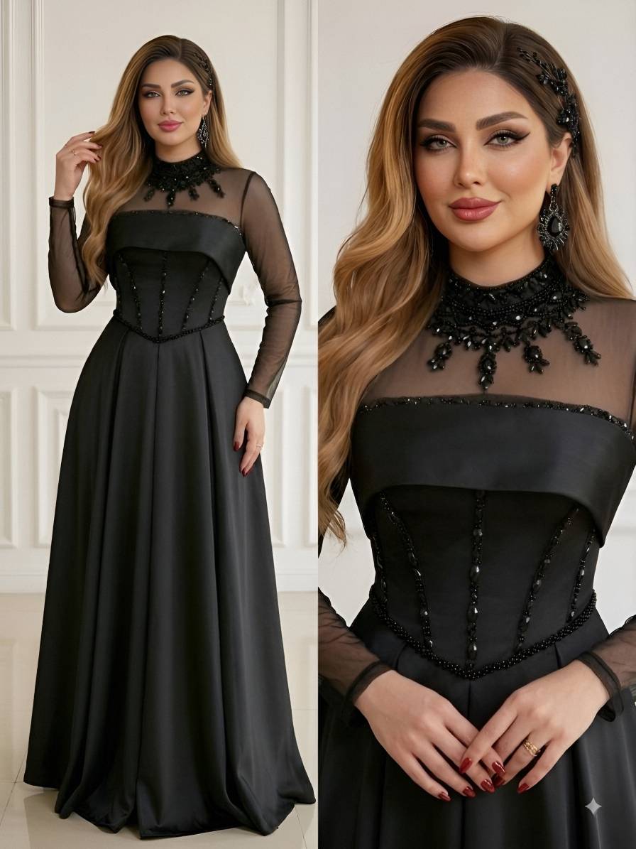 لباس مجلسی زنانه الیزابت ساتن امریکایی اصل با خرجکار یقه تور و سنگدوزی مشکی و سایز از ۳۸ تا ۴۸