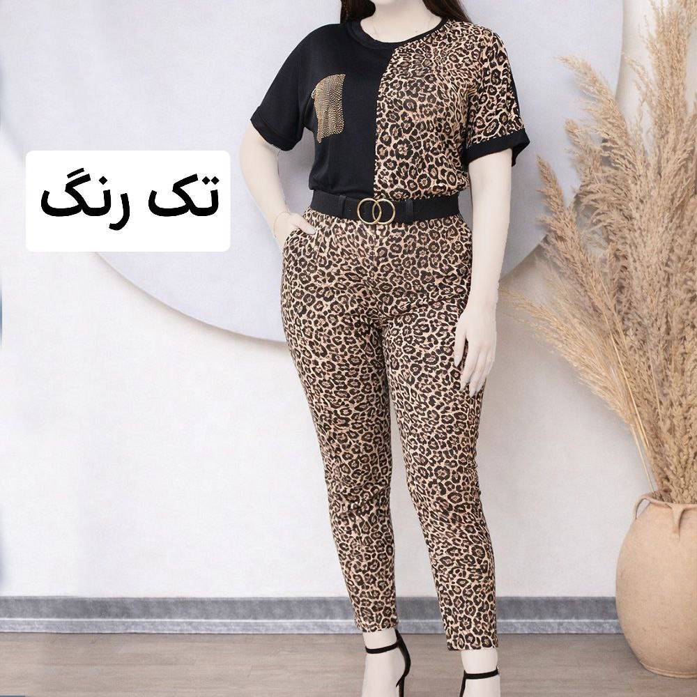 تیشرت و شلوار زنانه ست تک جیب جنس فلامنت درجه 1 ، جدید و شیک طرح پلنگی خانگی بیرونی در یک رنگ در سایز فری ۳۶ تا۴۸