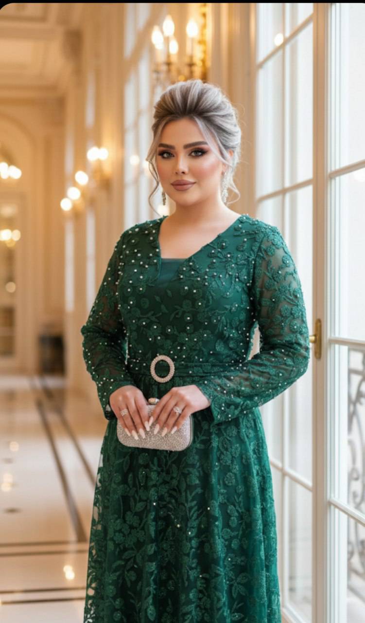 لباس مجلسی زنانه گلبرگ حریر شاین پفکی با کمربند و مروارید پانچ شده سایز بزرگ سایز ۴۴ تا ۵۲