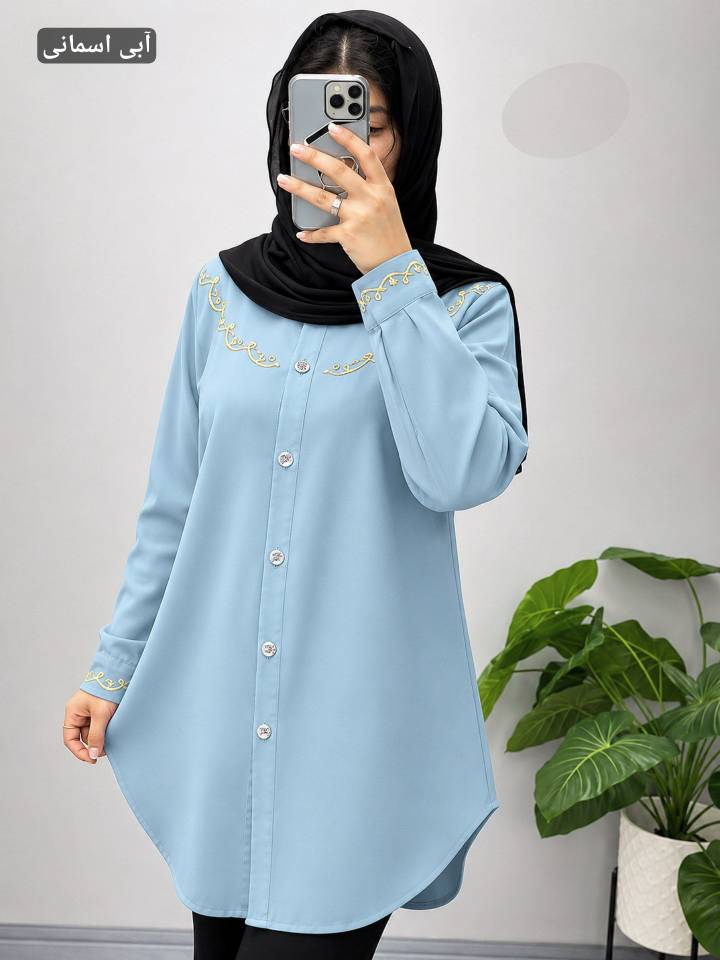 شومیز زنانه خنک الیاف طلا با یقه و آستین گلدوزی شده ، شومیز مانتویی خنک با رنگهای پاستیلی و جذاب الیاف لنین آنزیم شور شده